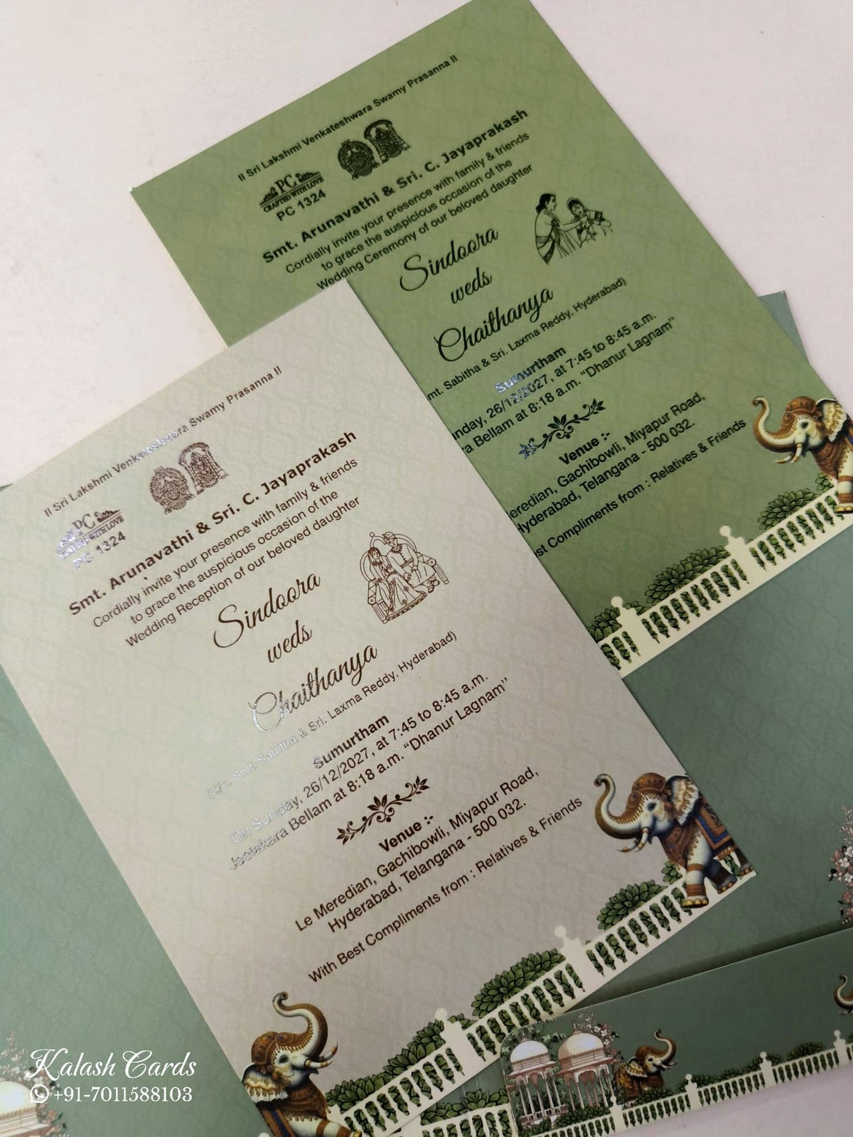 KLB910 Green Royal Fort Elephant Padded Thick Wedding Card (2 Page & Couple Initial Acrylic)