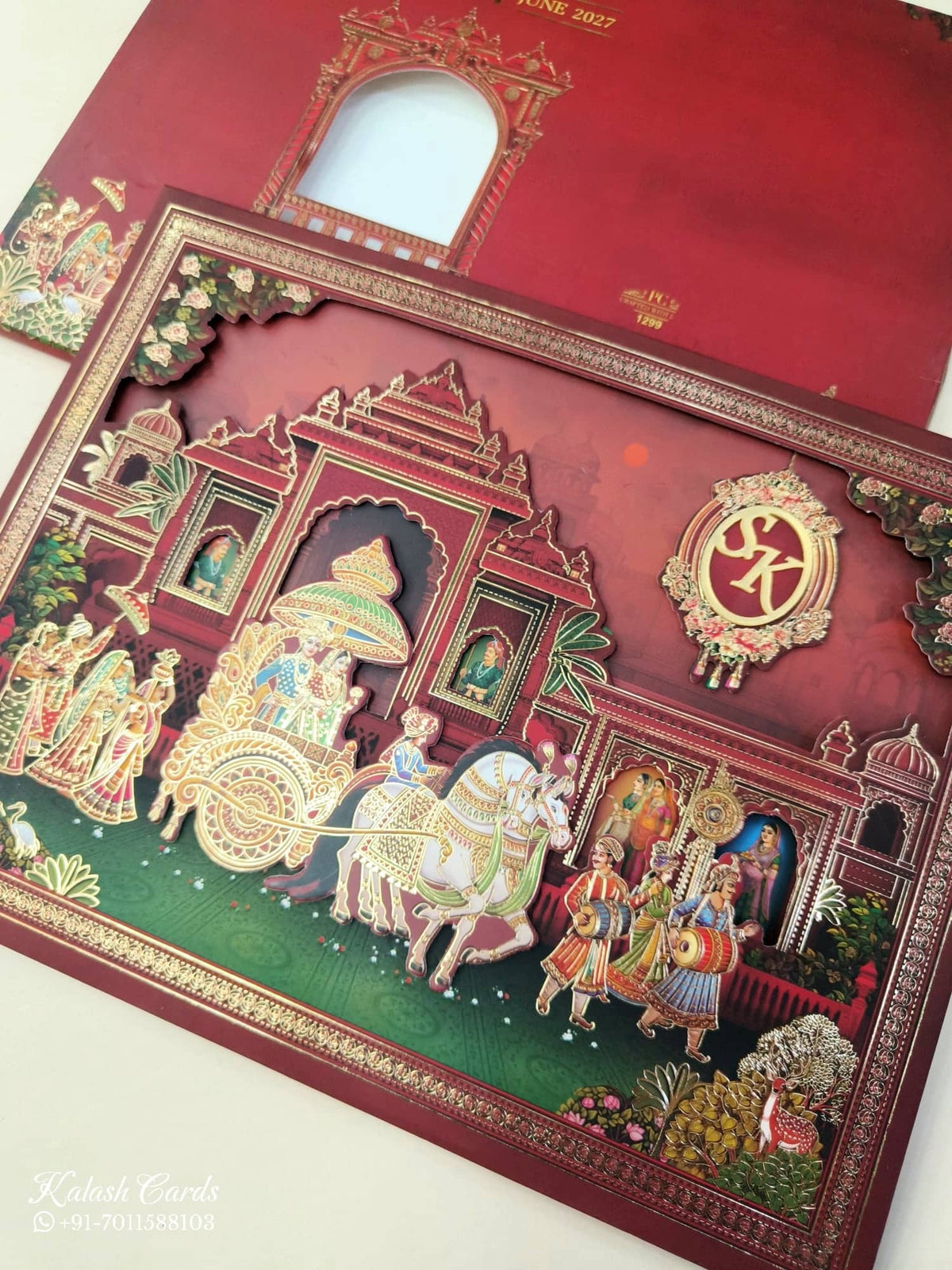 KLB911 Red Maroon Royal Fort Barat Laser Cut Padded Thick Wedding Card (2 Page & Couple Initial Acrylic)