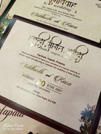 KLB912 Brown Royal Fort Barat Radha Krishna Laser Cut Padded Thick Wedding Card (2 Page & Couple Name Wooden Plate)