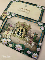KLB913 Blue Green Royal Fort Elephant Laser Cut Padded Thick Wedding Card (2 Page & Couple Initial Acrylic)