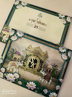 KLB913 Blue Green Royal Fort Elephant Laser Cut Padded Thick Wedding Card (2 Page & Couple Initial Acrylic)