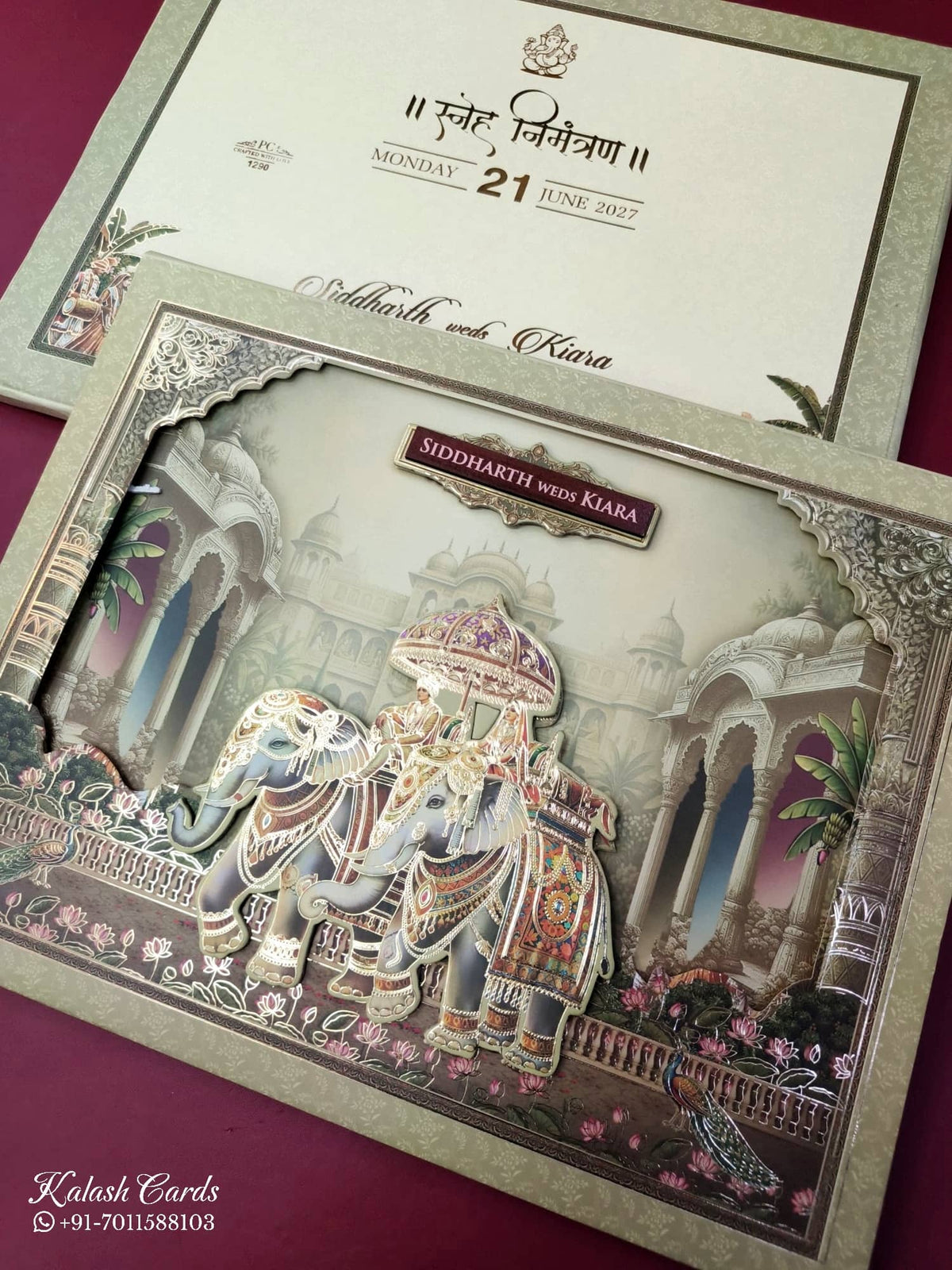 KLB914 Green Royal Fort Elephant Laser Cut Padded Thick Wedding Card (2 Page & Couple Name Wooden Plate)