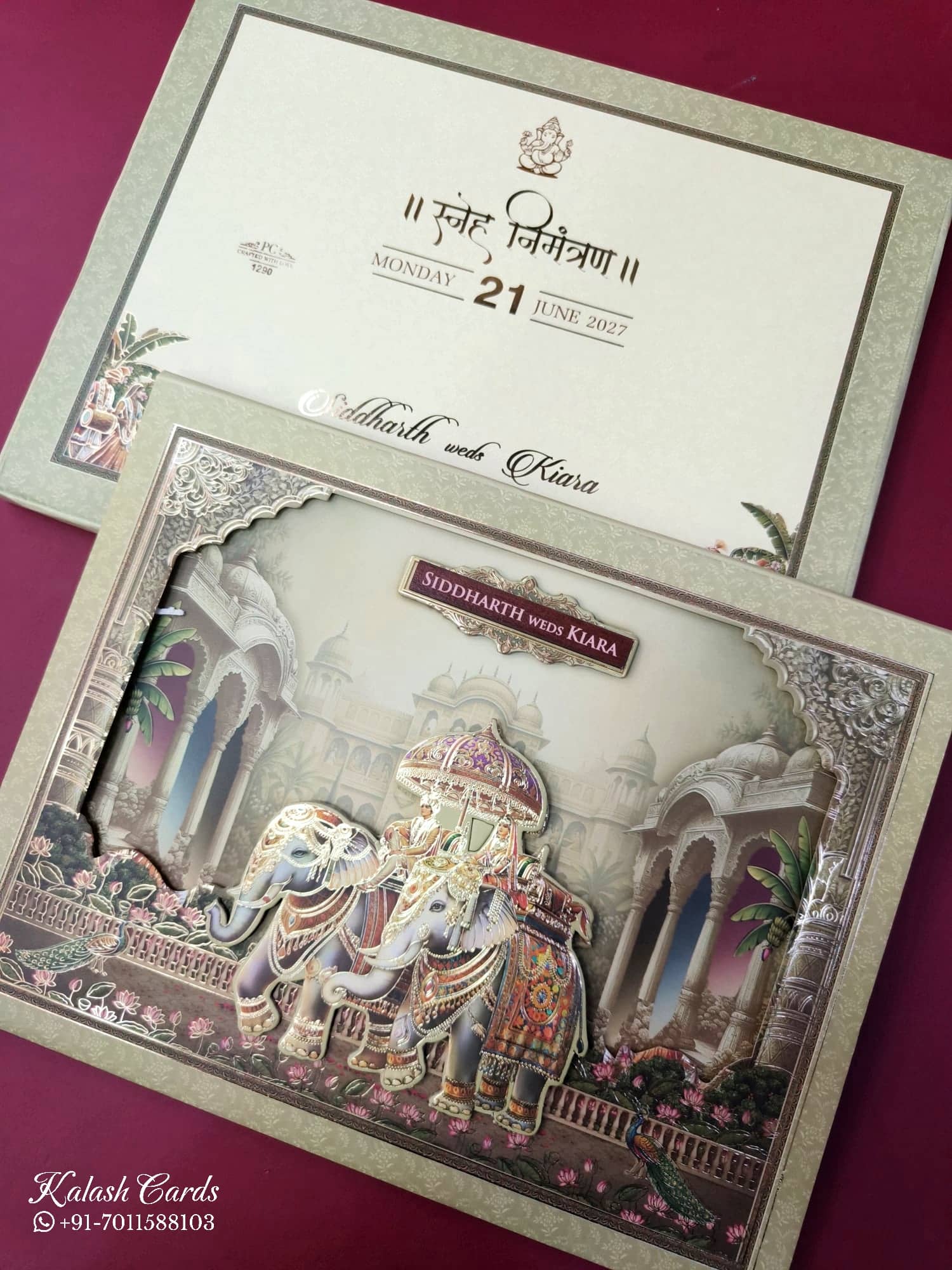 KLB914 Green Royal Fort Elephant Laser Cut Padded Thick Wedding Card (2 Page & Couple Name Wooden Plate)