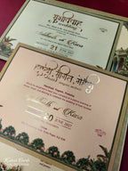 KLB914 Green Royal Fort Elephant Laser Cut Padded Thick Wedding Card (2 Page & Couple Name Wooden Plate)