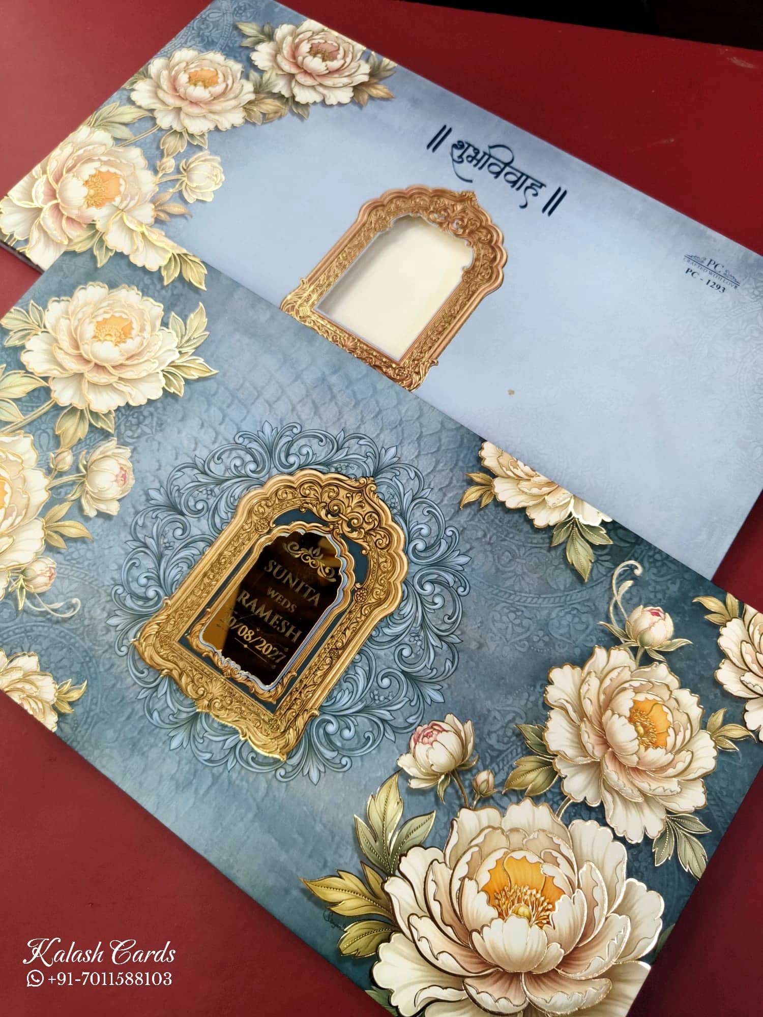 KLB916 Blue Rose Floral Padded Thick Wedding Card (2 Page & Couple Name Acrylic)