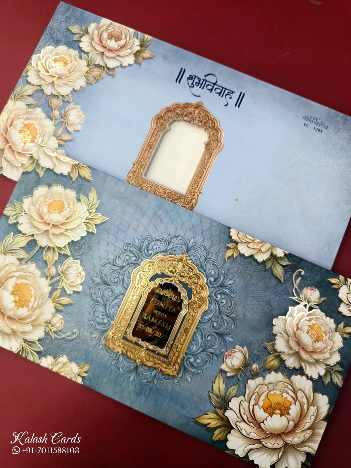 KLB916 Blue Rose Floral Padded Thick Wedding Card (2 Page & Couple Name Acrylic)