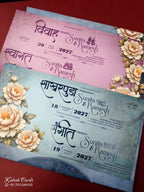 KLB916 Blue Rose Floral Padded Thick Wedding Card (2 Page & Couple Name Acrylic)