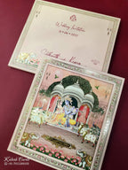 KLB918 Peach Pichwai Radha Krishna Padded Thick Wedding Card (2 Page & Couple Name Acrylic)