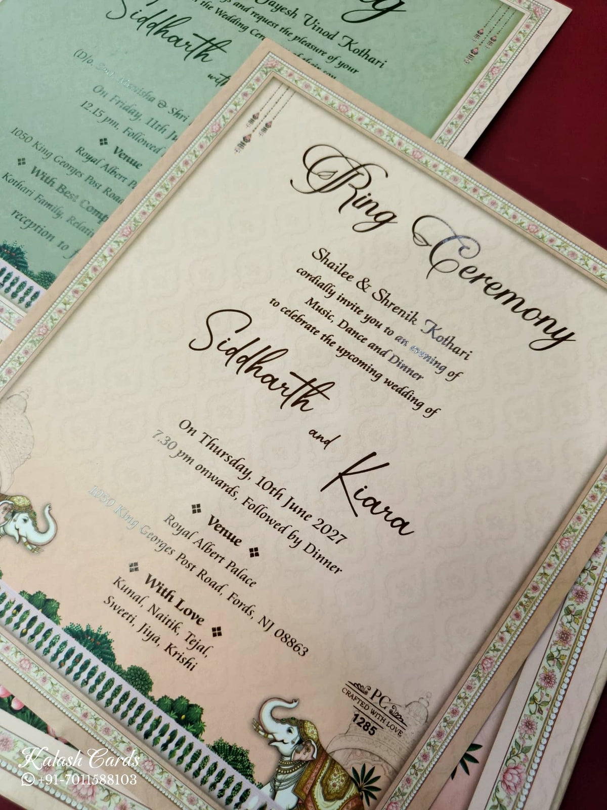 KLB918 Peach Pichwai Radha Krishna Padded Thick Wedding Card (2 Page & Couple Name Acrylic)