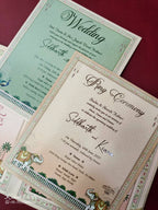 KLB918 Peach Pichwai Radha Krishna Padded Thick Wedding Card (2 Page & Couple Name Acrylic)