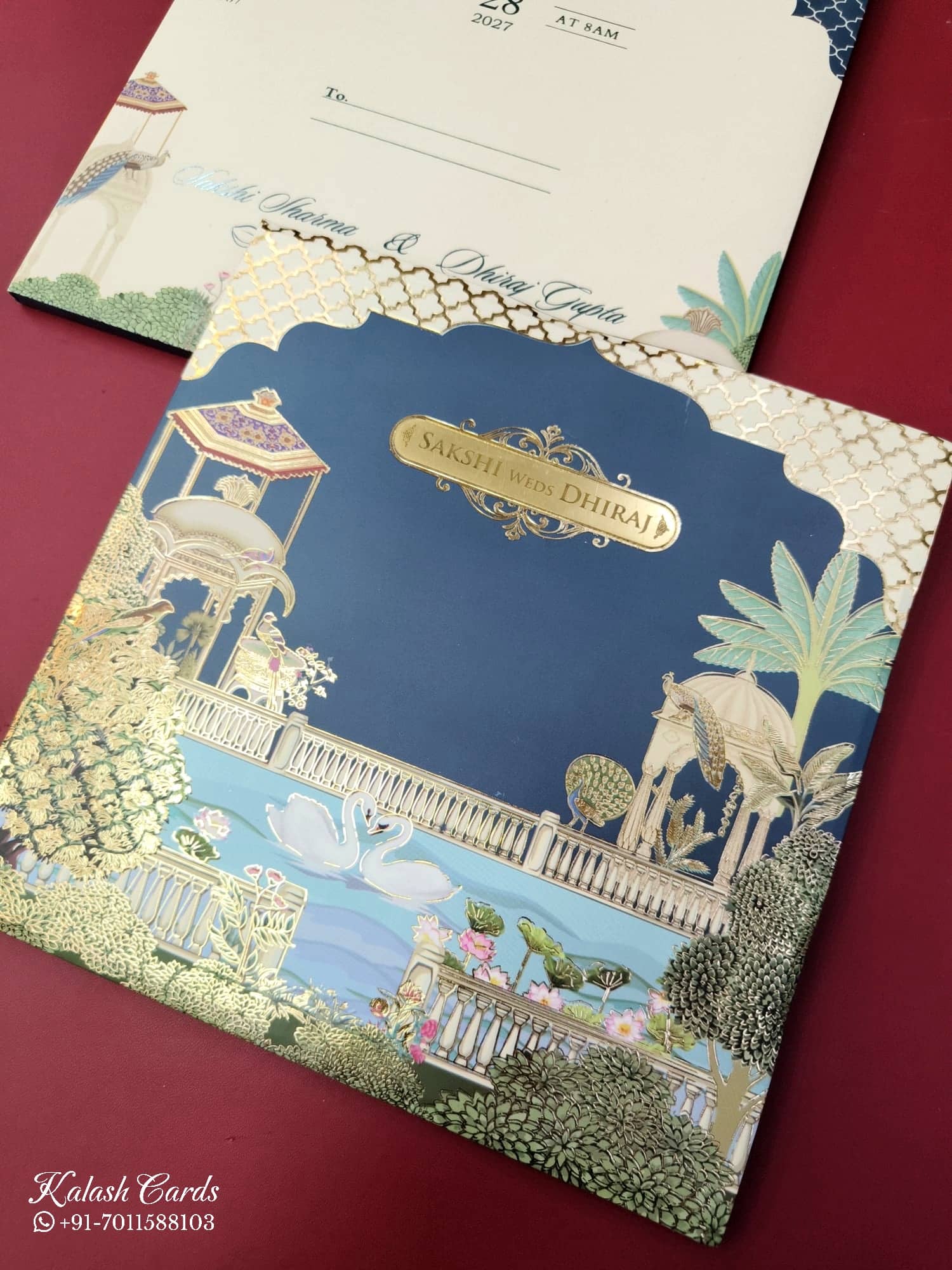 KLB919 Blue Royal Fort Padded Thick Wedding Card (2 Page & Couple Name Acrylic)