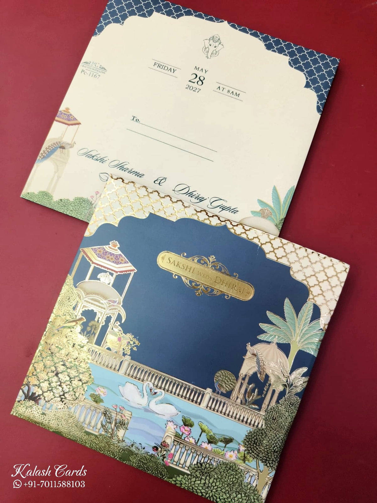 KLB919 Blue Royal Fort Padded Thick Wedding Card (2 Page & Couple Name Acrylic)