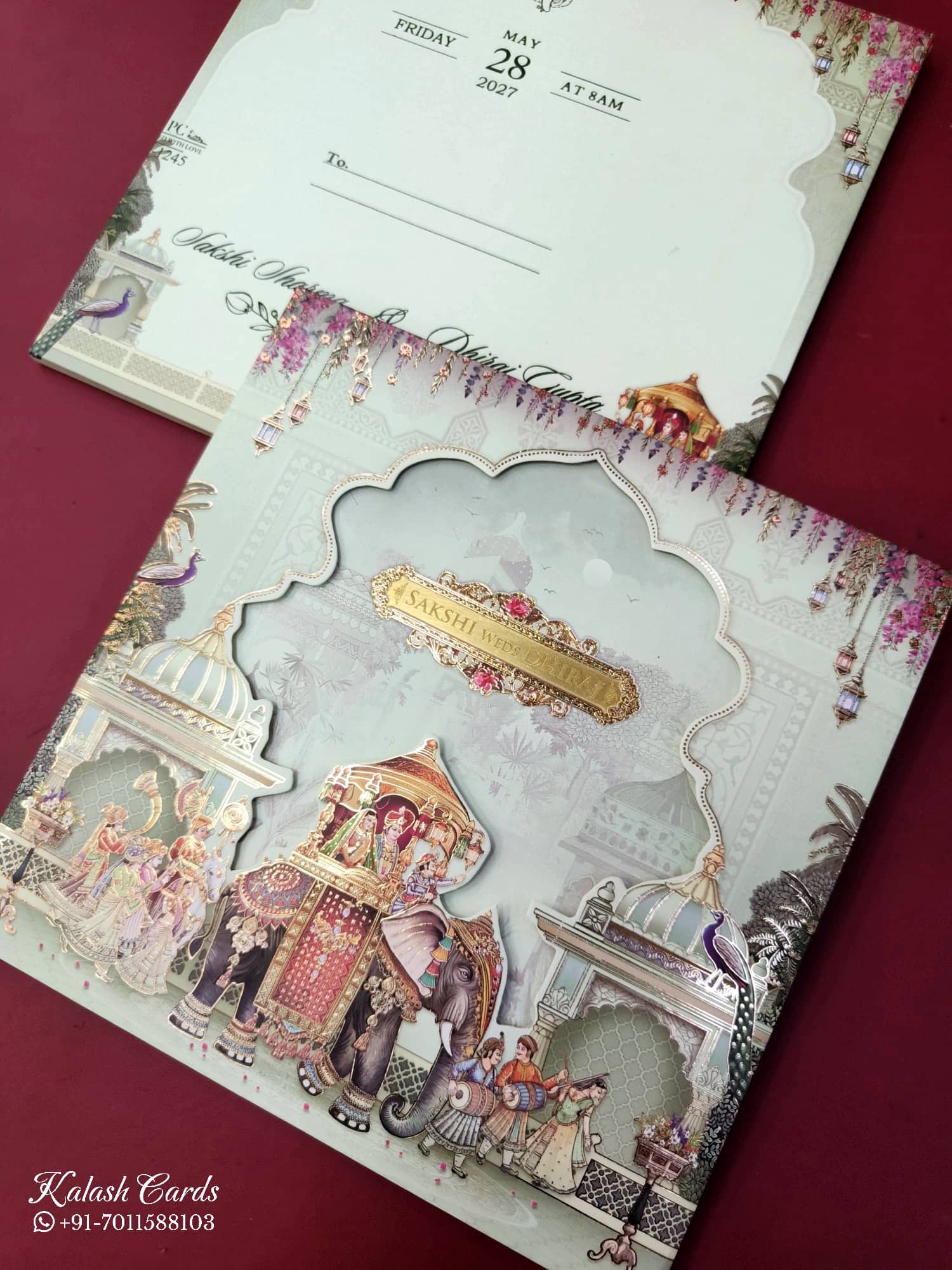 KLB920 Green Elephant Barat Padded Thick Wedding Card (2 Page & Couple Name Acrylic)