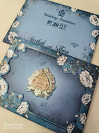 KLB921 Blue Floral Laser Cut Padded Thick Wedding Card (2 Page & Couple Name Wooden Plate)