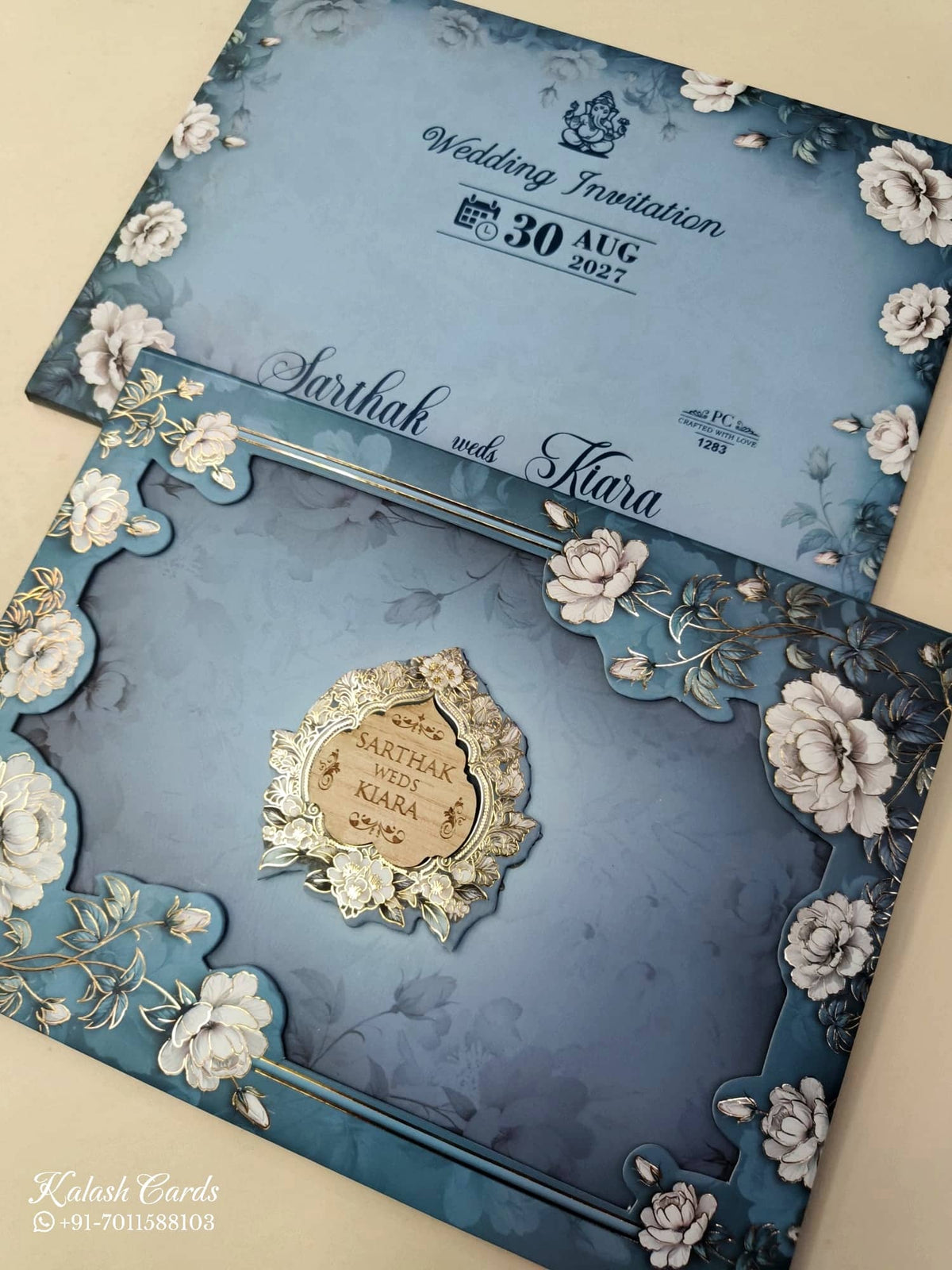 KLB921 Blue Floral Laser Cut Padded Thick Wedding Card (2 Page & Couple Name Wooden Plate)