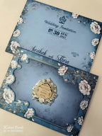 KLB921 Blue Floral Laser Cut Padded Thick Wedding Card (2 Page & Couple Name Wooden Plate)