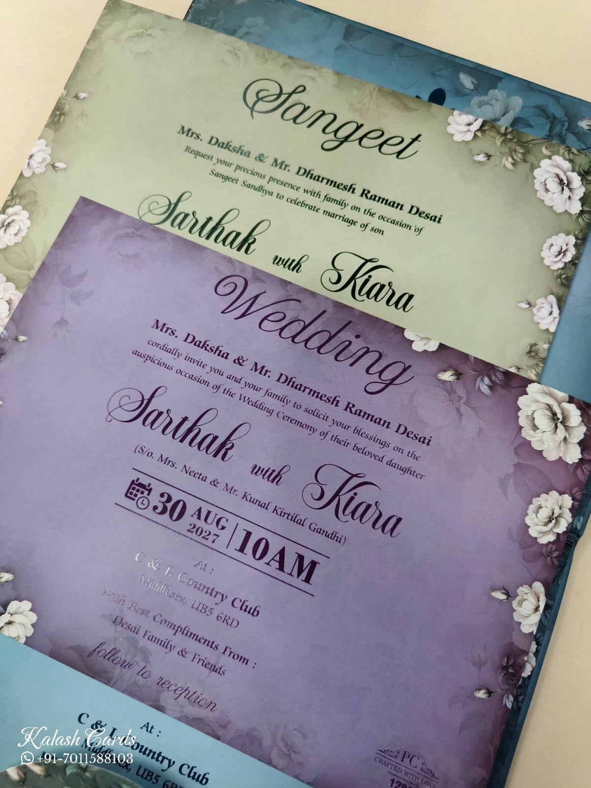 KLB921 Blue Floral Laser Cut Padded Thick Wedding Card (2 Page & Couple Name Wooden Plate)