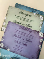 KLB921 Blue Floral Laser Cut Padded Thick Wedding Card (2 Page & Couple Name Wooden Plate)