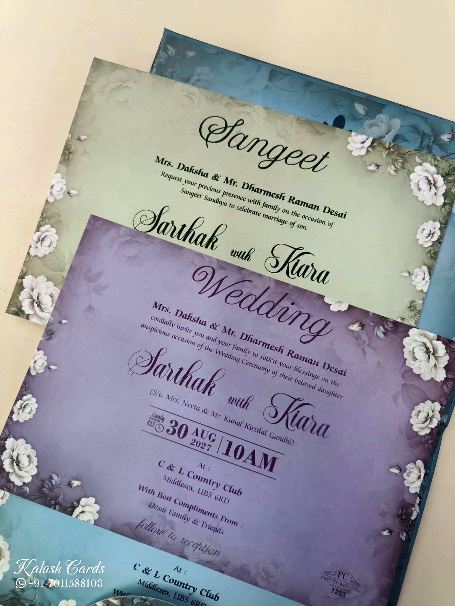 KLB921 Blue Floral Laser Cut Padded Thick Wedding Card (2 Page & Couple Name Wooden Plate)