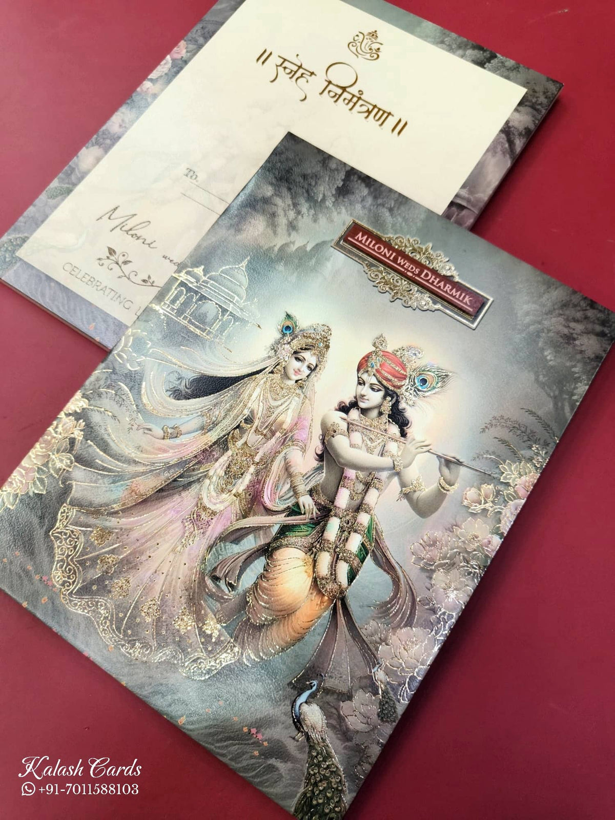 KLB922 Green Grey Radha Krishna Padded Thick Wedding Card (2 Page & Couple Name Wooden Plate)