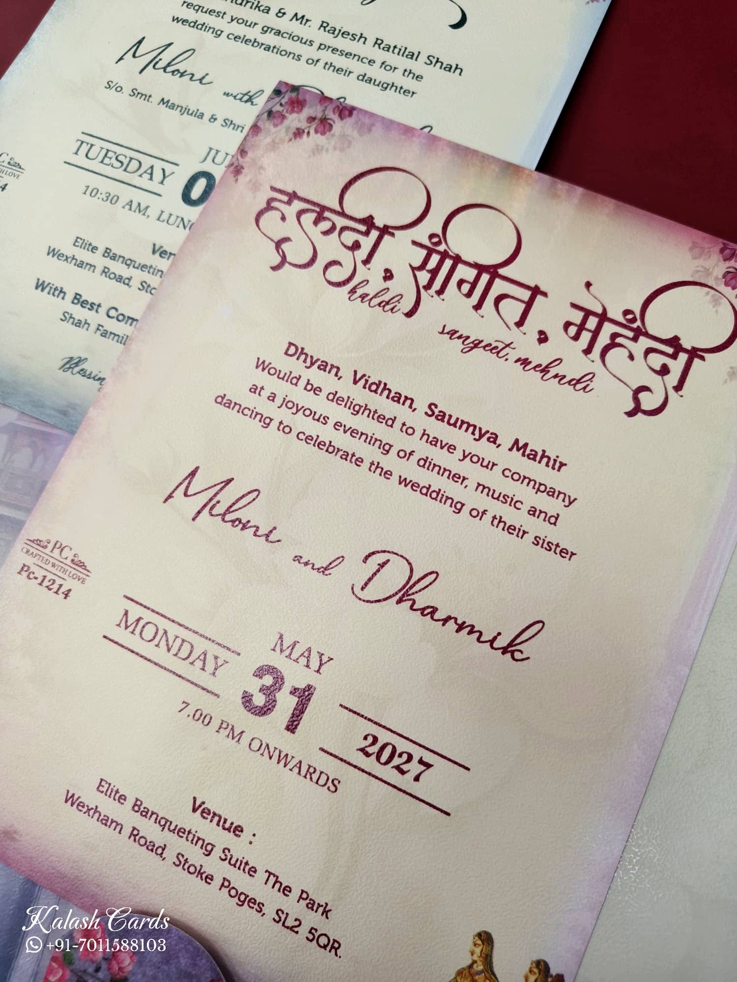 KLB923 Pink Purple Radha Krishna Padded Thick Wedding Card (2 Page & Couple Name Wooden Plate)