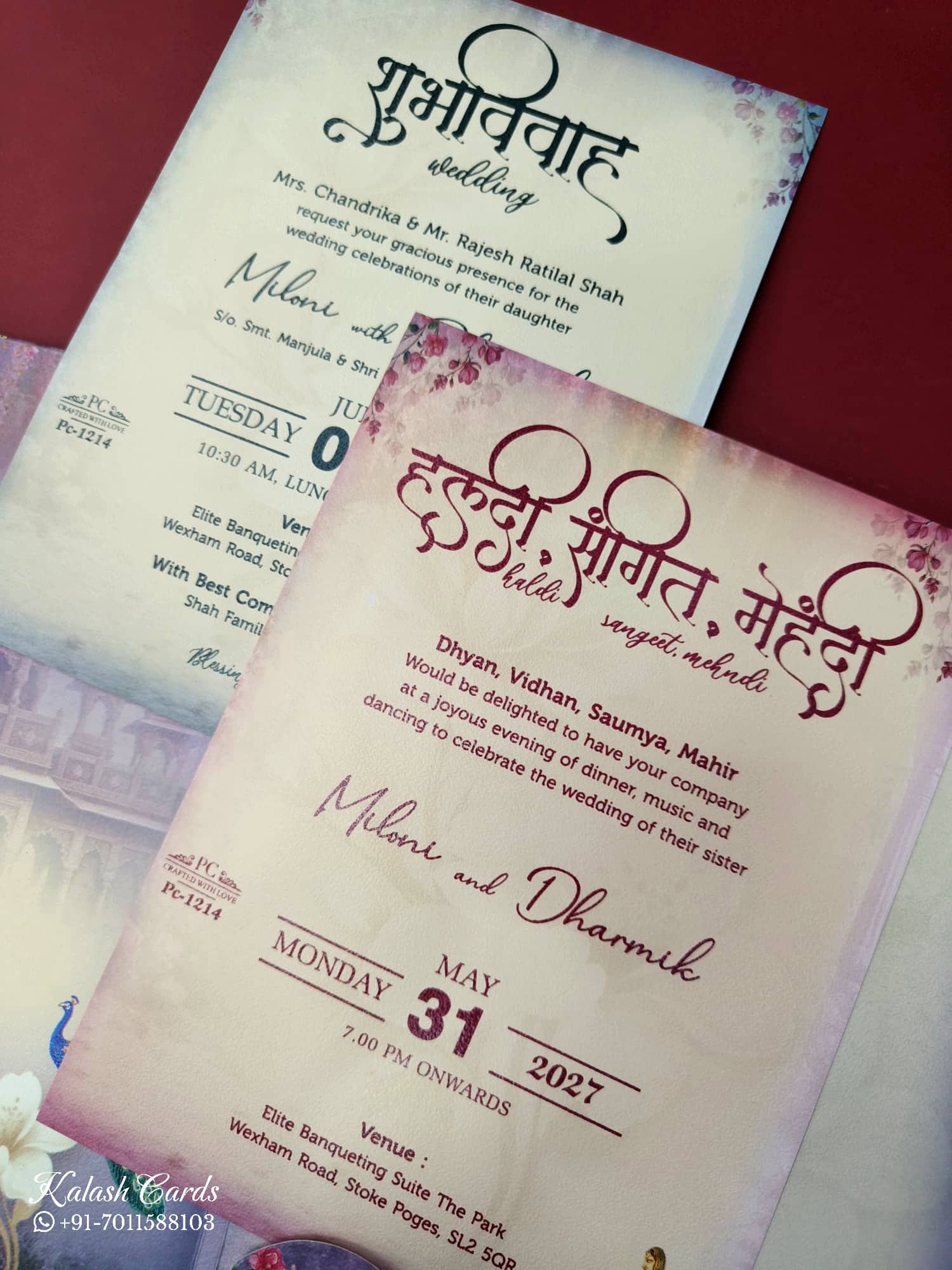 KLB923 Pink Purple Radha Krishna Padded Thick Wedding Card (2 Page & Couple Name Wooden Plate)