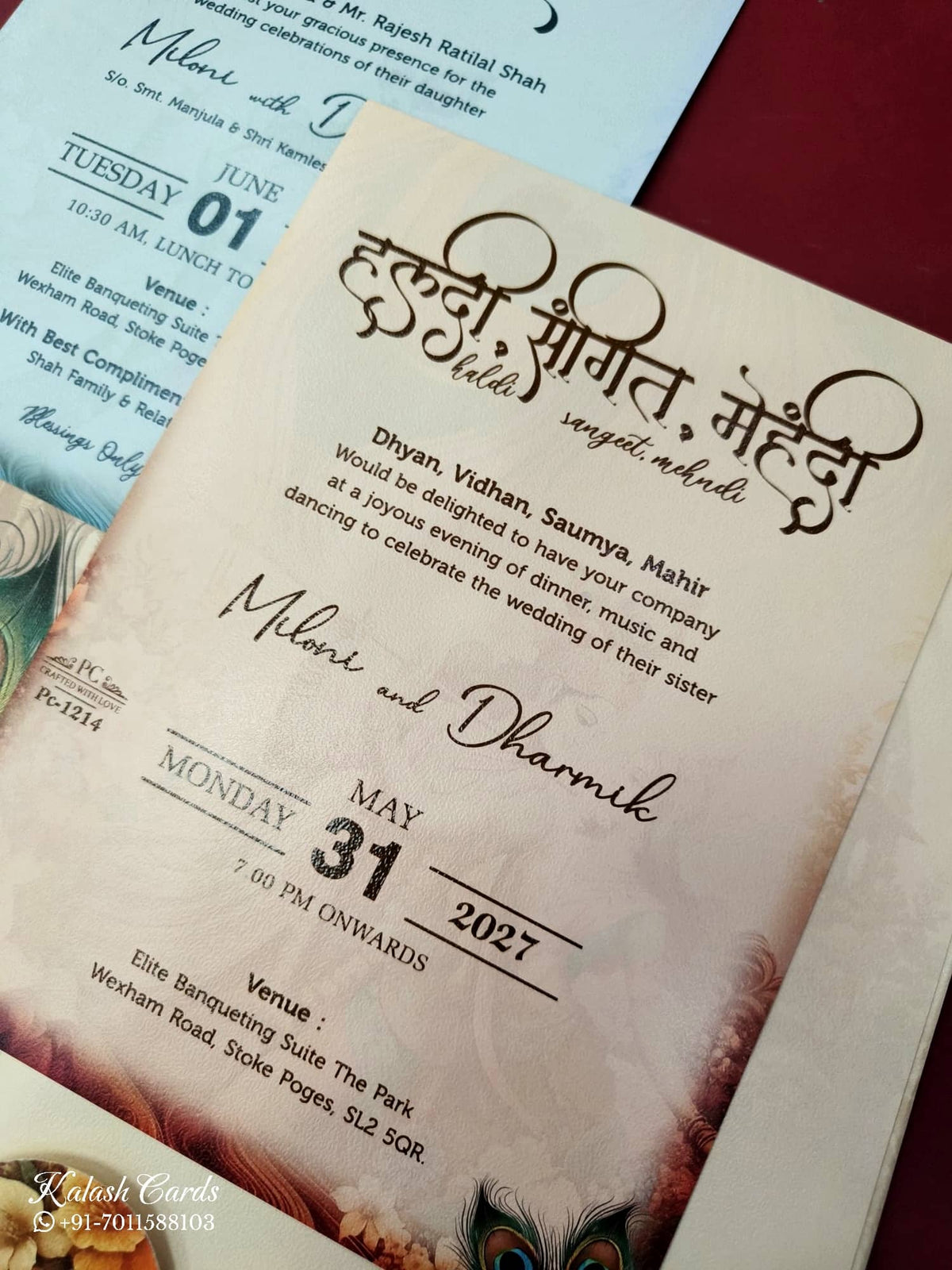 KLB924 Creme Brown Radha Krishna Padded Thick Wedding Card (2 Page & Couple Name Acrylic)