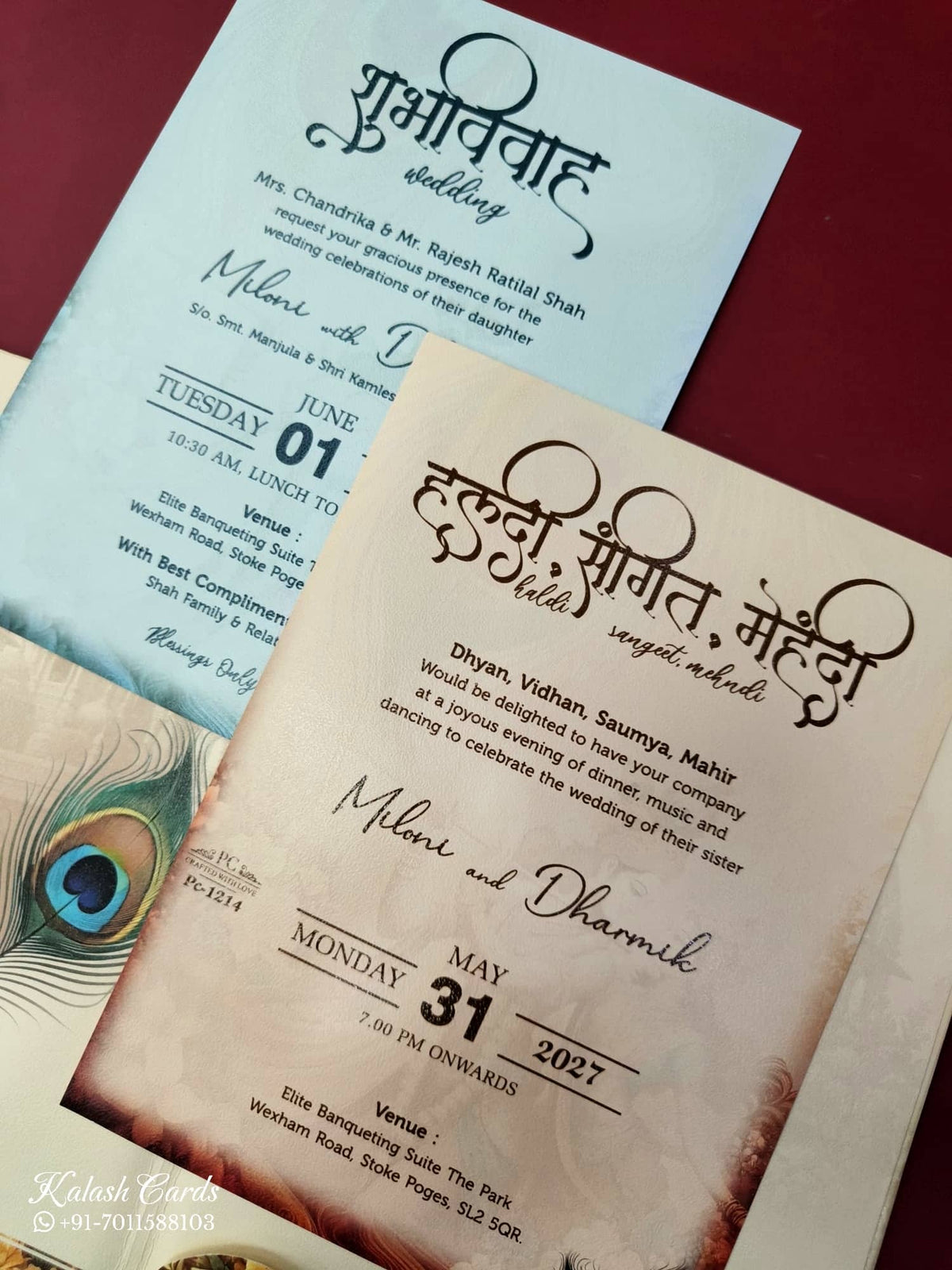 KLB924 Creme Brown Radha Krishna Padded Thick Wedding Card (2 Page & Couple Name Acrylic)
