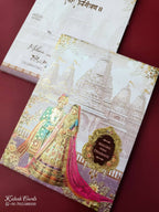 KLB925 Pink Raja Rani Royal Fort Padded Thick Wedding Card (2 Page & Couple Name Wooden Plate)