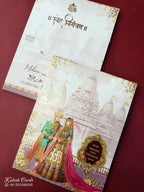 KLB925 Pink Raja Rani Royal Fort Padded Thick Wedding Card (2 Page & Couple Name Wooden Plate)