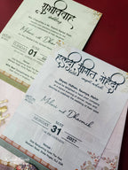 KLB925 Pink Raja Rani Royal Fort Padded Thick Wedding Card (2 Page & Couple Name Wooden Plate)