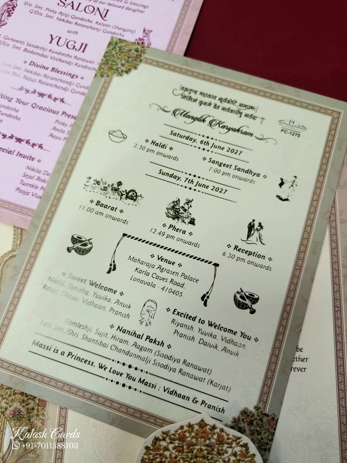 KLB926 Creme Green Elephant Laser Cut Padded Thick Wedding Card (2 Page & Couple Name Acrylic)