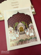 KLB927 Creme Maroon Royal Fort Pichwai Laser Cut Padded Thick Wedding Card (2 Page & Couple Initial Acrylic)