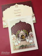 KLB927 Creme Maroon Royal Fort Pichwai Laser Cut Padded Thick Wedding Card (2 Page & Couple Initial Acrylic)
