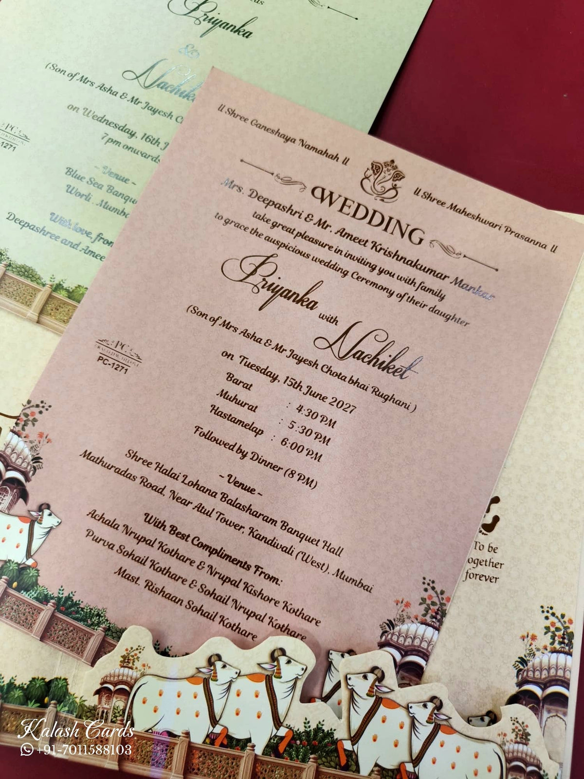 KLB927 Creme Maroon Royal Fort Pichwai Laser Cut Padded Thick Wedding Card (2 Page & Couple Initial Acrylic)