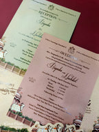 KLB927 Creme Maroon Royal Fort Pichwai Laser Cut Padded Thick Wedding Card (2 Page & Couple Initial Acrylic)
