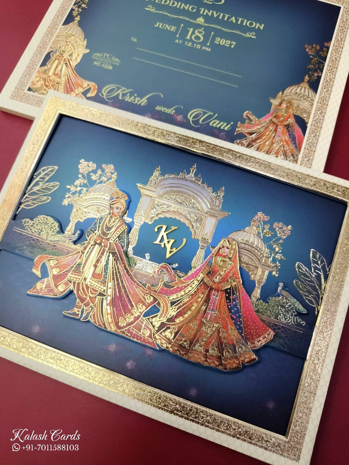 KLB928 Royal Blue Bride Groom Laser Cut Padded Thick Wedding Card (2 Page & Couple Initial Acrylic)