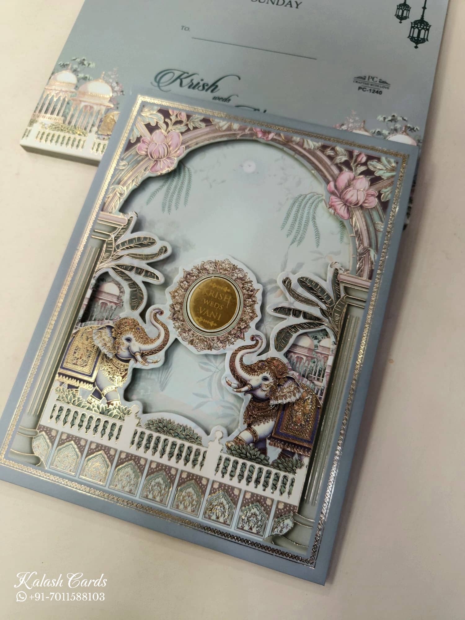 KLB929 Green Elephant Laser Cut Padded Thick Wedding Card (2 Page & Couple Name Acrylic)