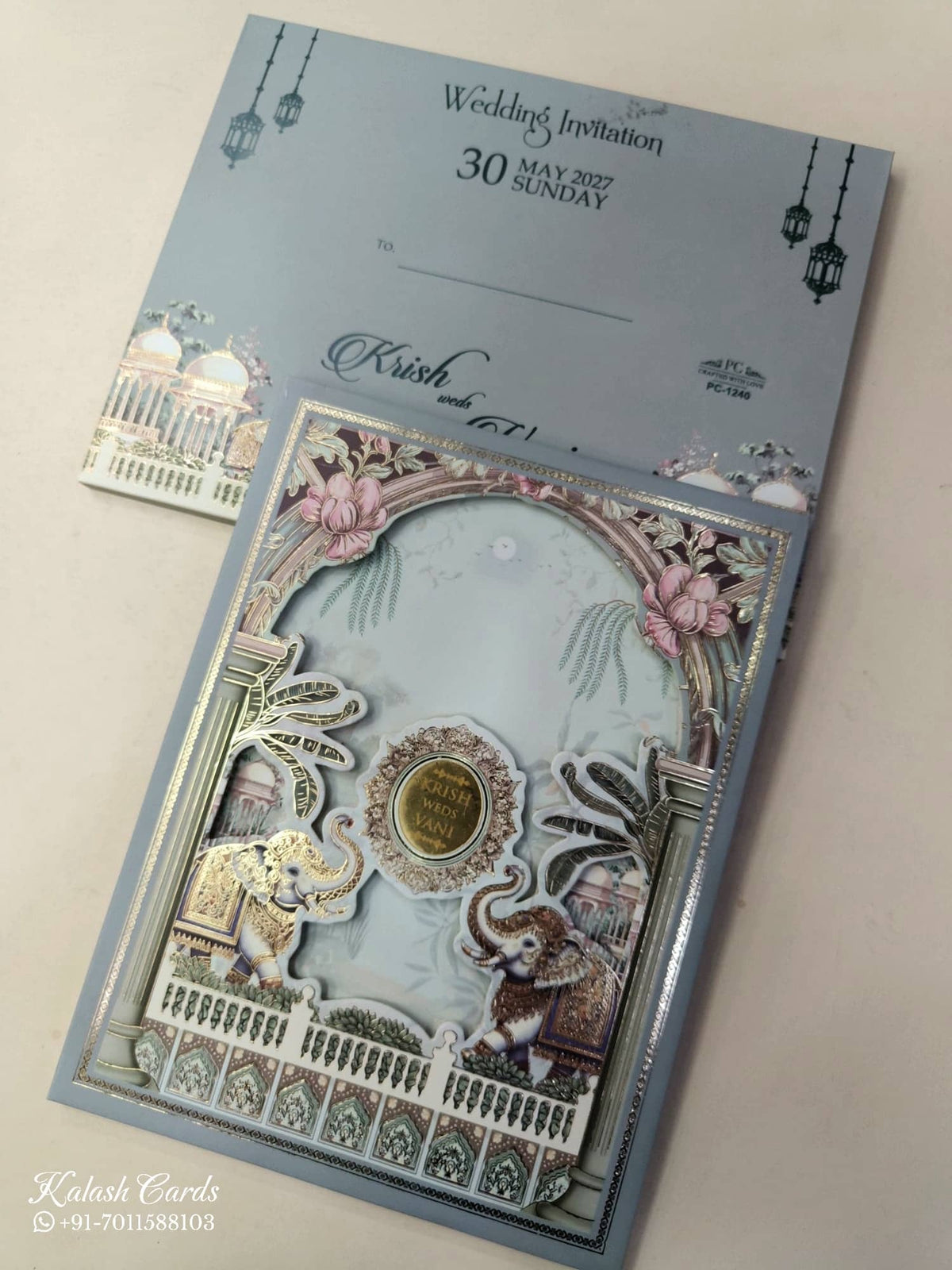 KLB929 Green Elephant Laser Cut Padded Thick Wedding Card (2 Page & Couple Name Acrylic)