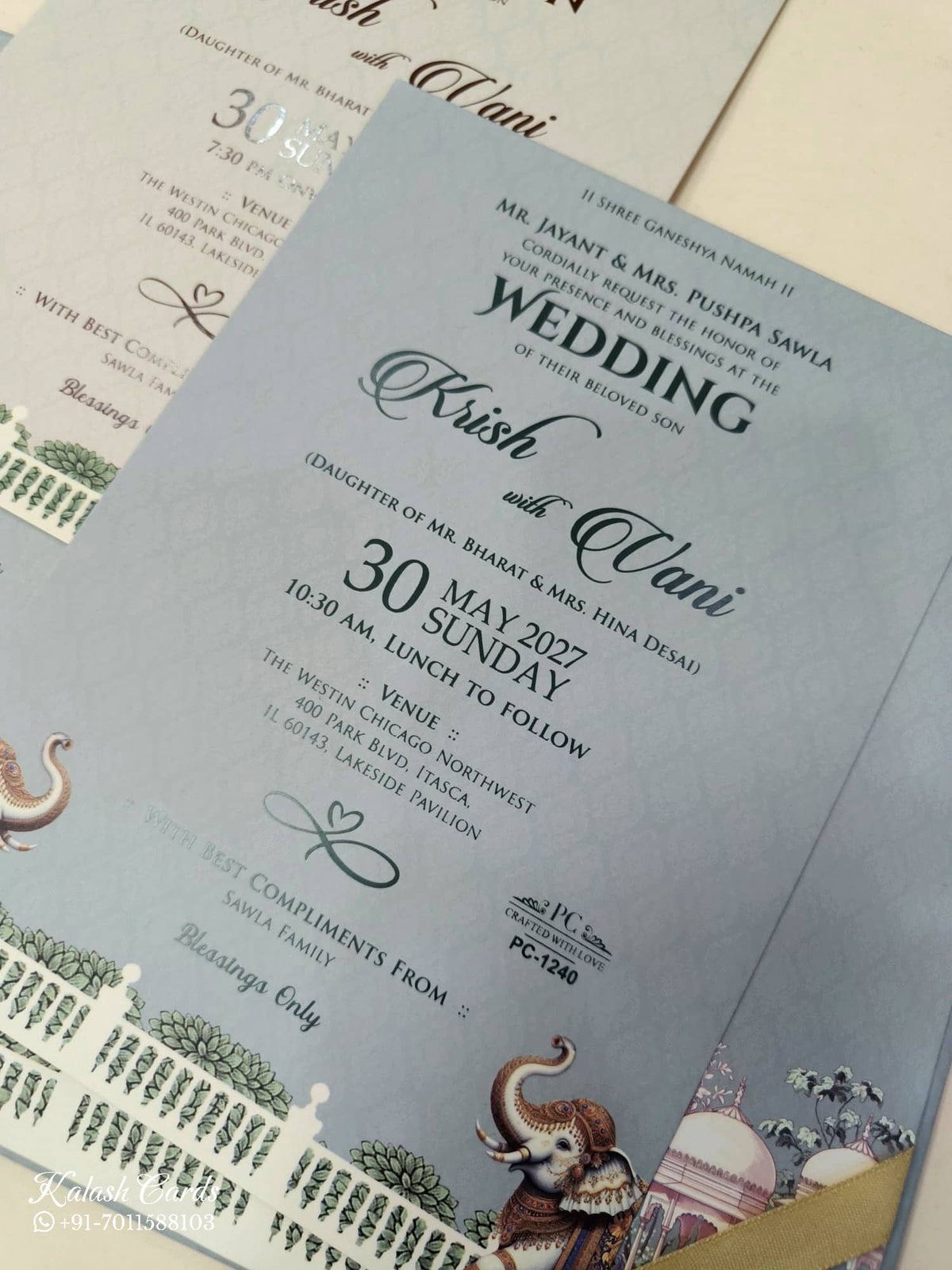 KLB929 Green Elephant Laser Cut Padded Thick Wedding Card (2 Page & Couple Name Acrylic)
