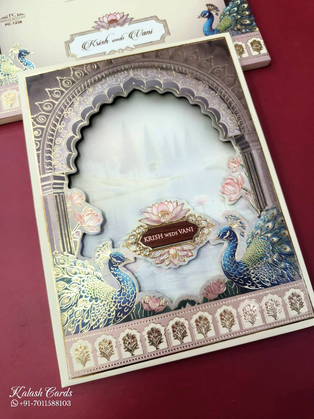 KLB930 Creme Brown Peacock Laser Cut Padded Thick Wedding Card (2 Page & Couple Name Wooden Plate)