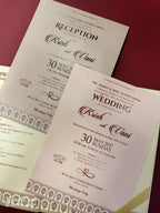 KLB930 Creme Brown Peacock Laser Cut Padded Thick Wedding Card (2 Page & Couple Name Wooden Plate)