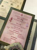 KLB931 Green Traditional Laser Cut Padded Thick Wedding Card (2 Page & Couple Name Acrylic)