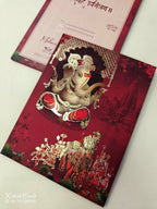 KLB932 Red Barat Ganesh Ji Padded Thick Wedding Card (2 Page)