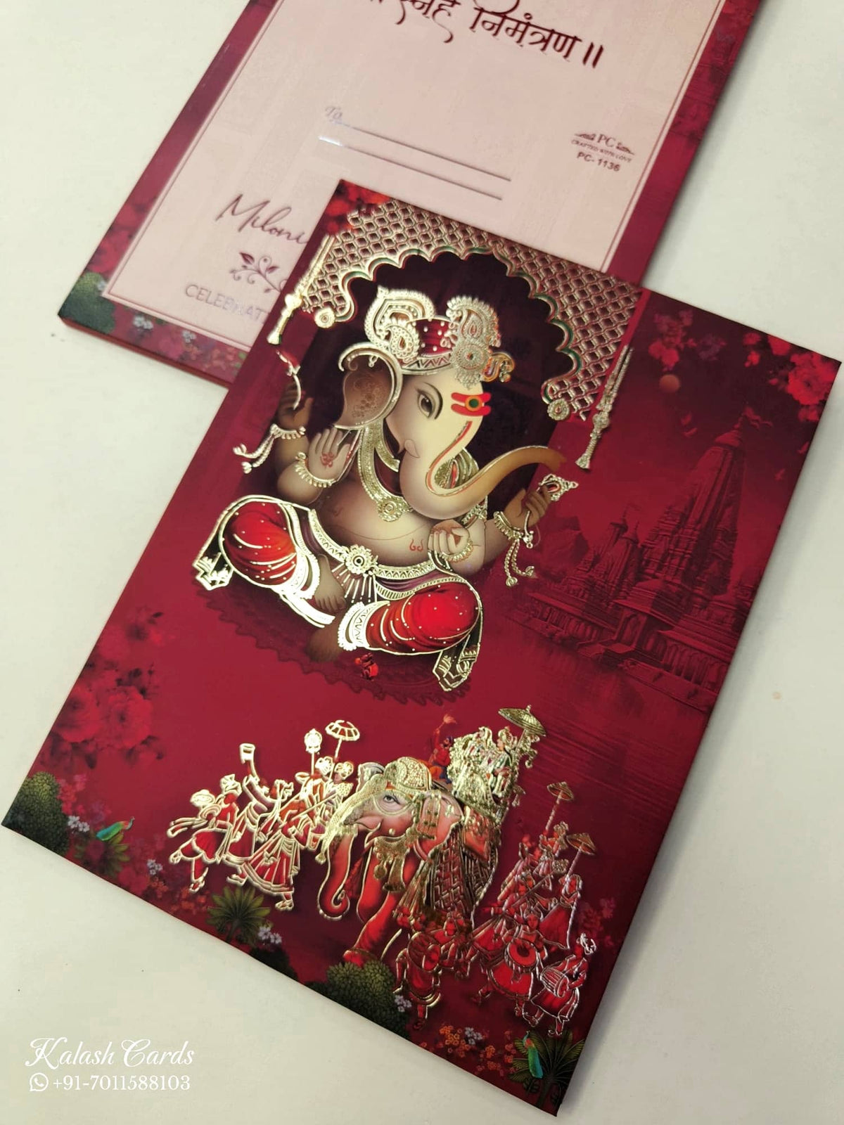KLB932 Red Barat Ganesh Ji Padded Thick Wedding Card (2 Page)