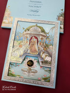 KLB933 Blue Bride Groom Royal Fort Pichwai Laser Cut Padded Thick Wedding Card (2 Page & Couple Initial Acrylic)