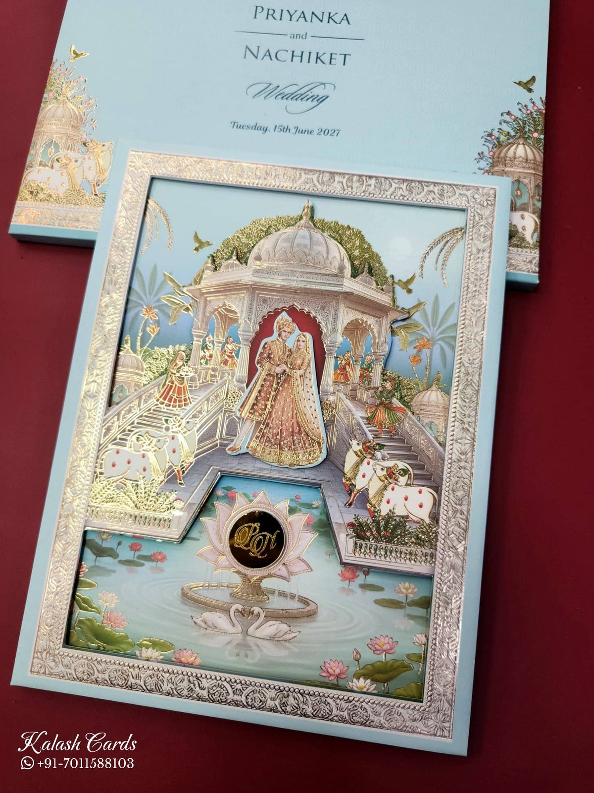KLB933 Blue Bride Groom Royal Fort Pichwai Laser Cut Padded Thick Wedding Card (2 Page & Couple Initial Acrylic)
