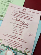 KLB933 Blue Bride Groom Royal Fort Pichwai Laser Cut Padded Thick Wedding Card (2 Page & Couple Initial Acrylic)