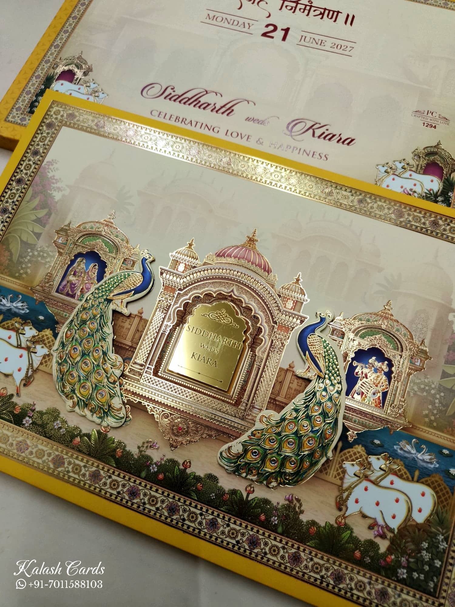 KLB934 Creme Yellow Royal Fort Peacock Laser Cut Padded Thick Wedding Card (2 Page & Couple Name Acrylic)