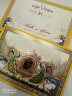 KLB934 Creme Yellow Royal Fort Peacock Laser Cut Padded Thick Wedding Card (2 Page & Couple Name Acrylic)